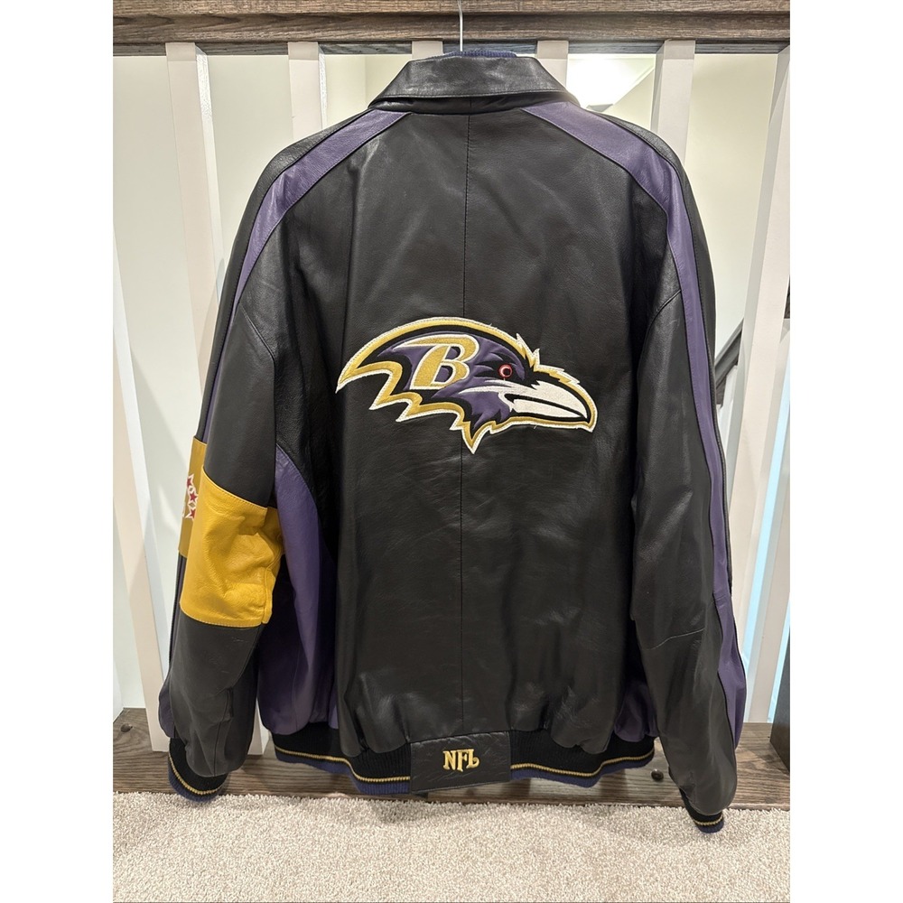 Vintage Baltimore Ravens NFL Leather Jacket‎ Black Purple Gold Varsity Style 2XL